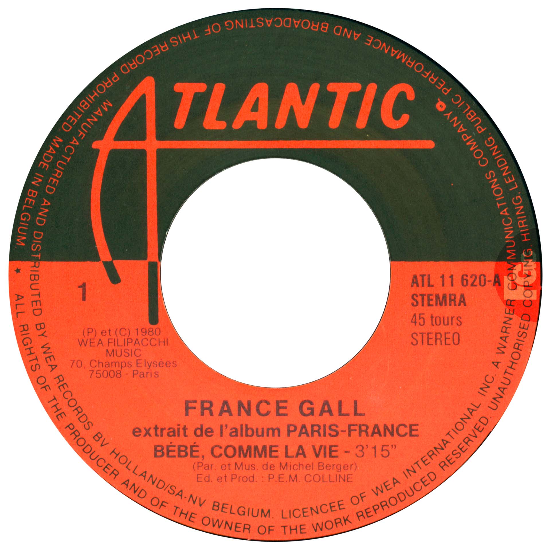 45 tours Bébé comme la vie France Gall Atlantic ATL 11620 Pays-Bas 1980