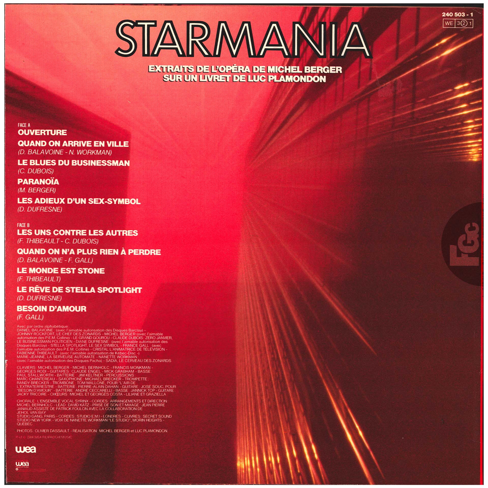 33 tours Starmania pochette rouge France WEA 240 503-1 1984