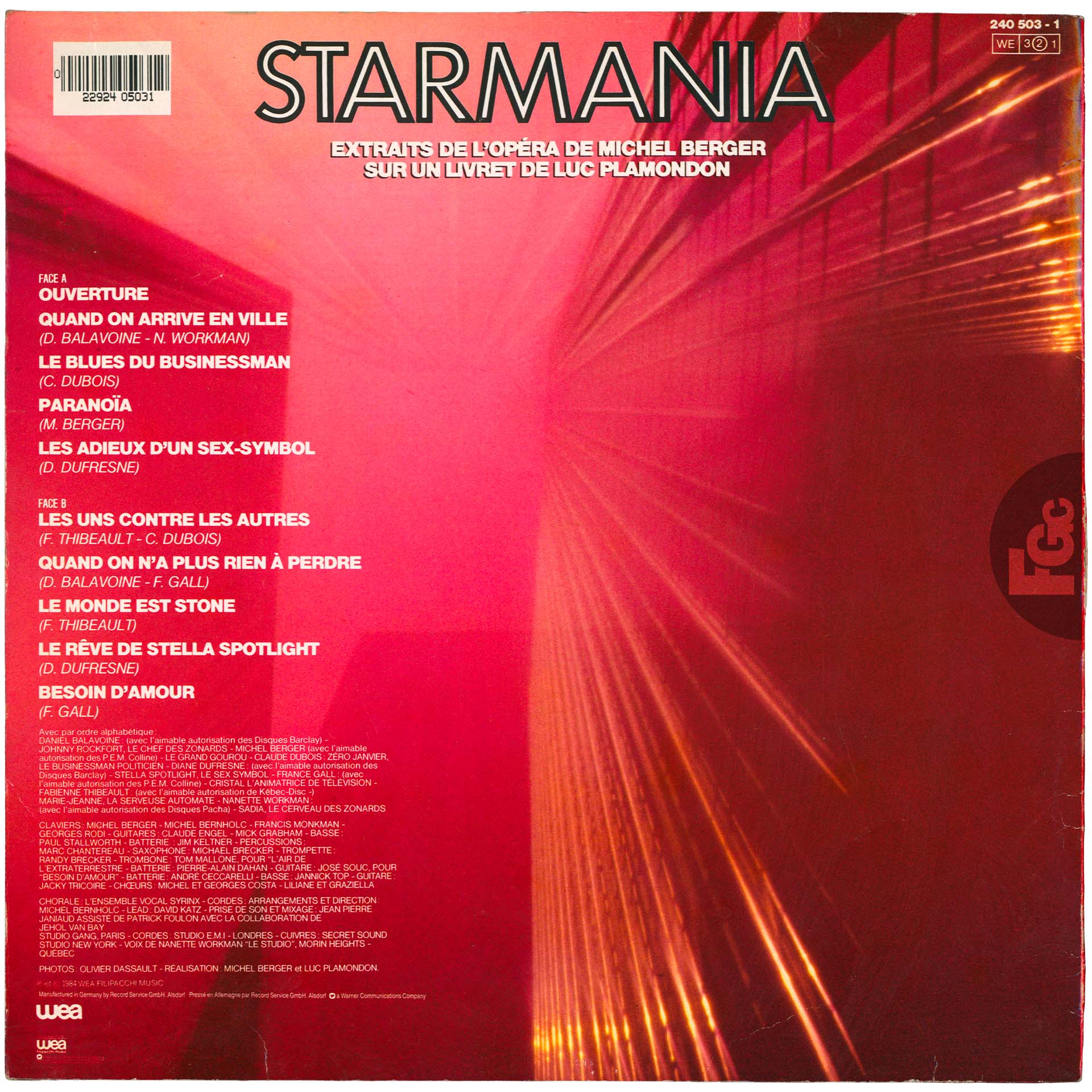 33 tours Starmania pochette rouge Allemagne WEA 240 503-1 1984