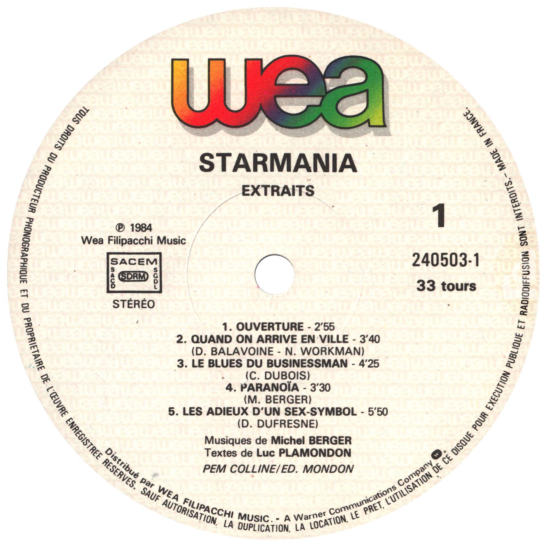 33 tours Starmania pochette rouge France WEA 240 503-1 1984