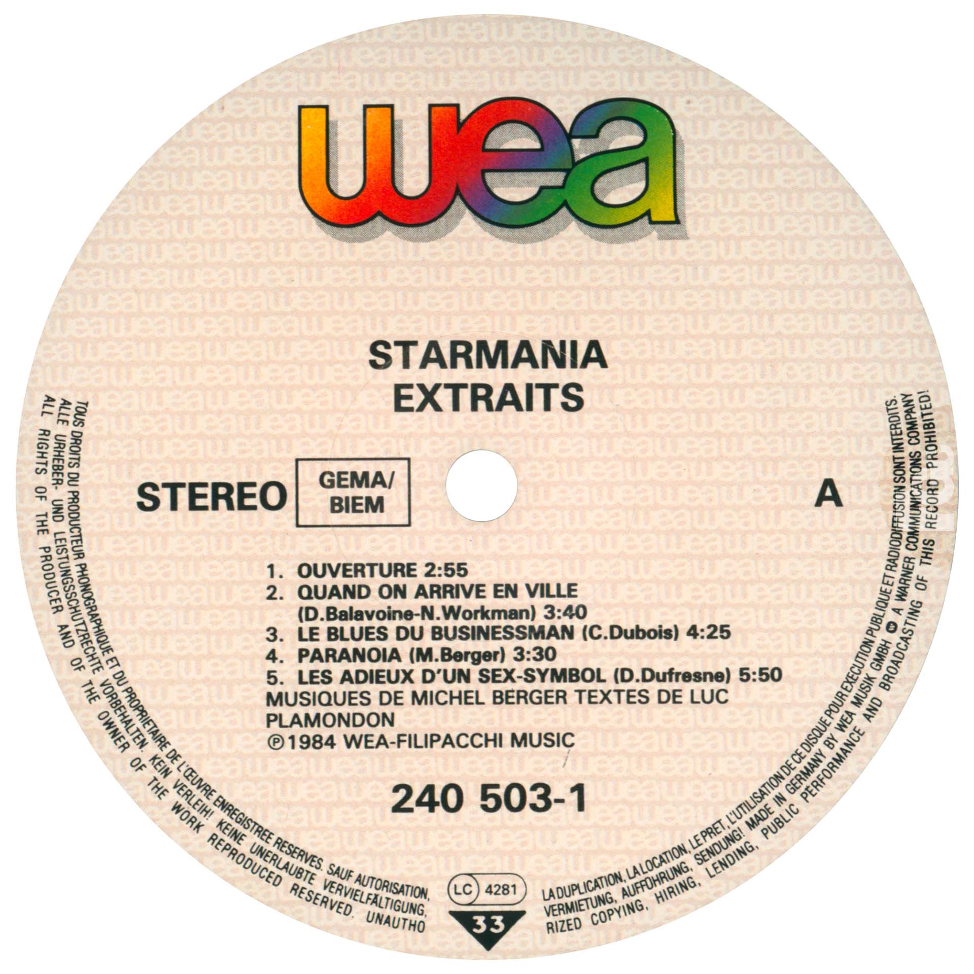 33 tours Starmania pochette rouge Allemagne WEA 240 503-1 1984