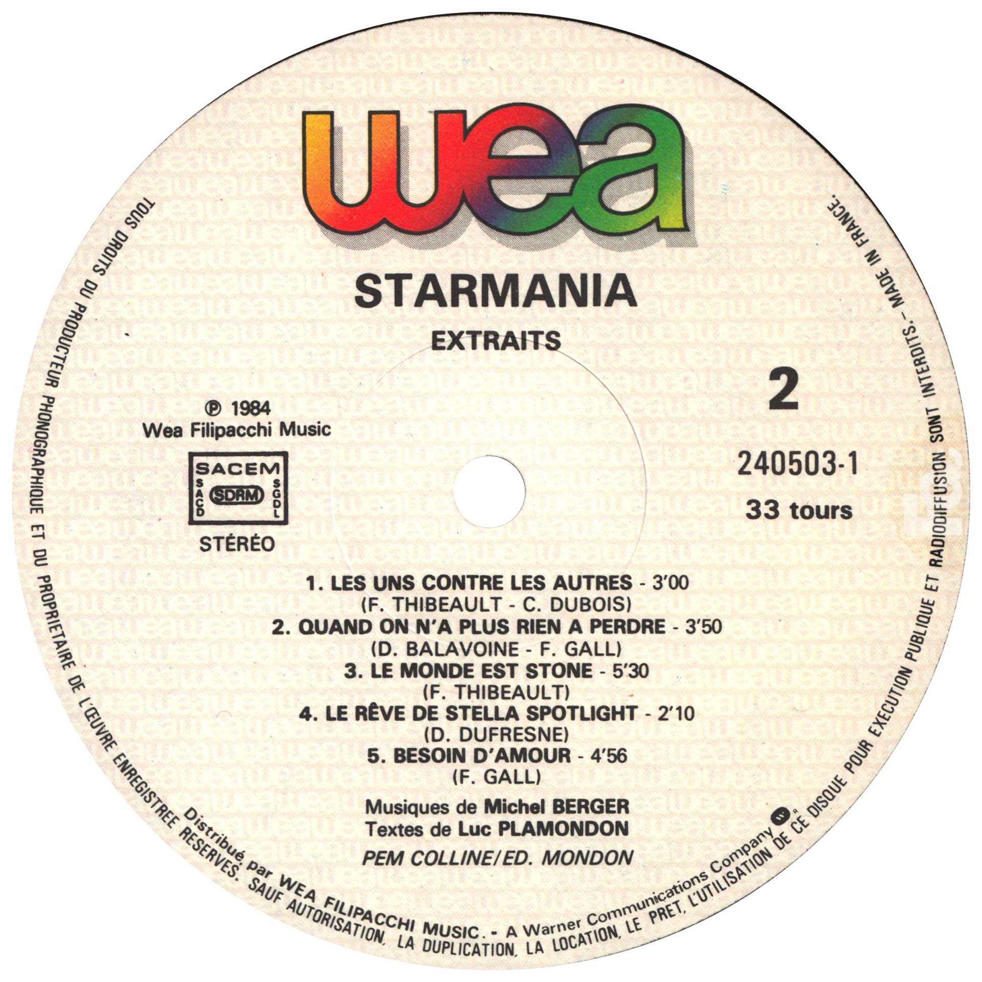 33 tours Starmania pochette rouge France WEA 240 503-1 1984
