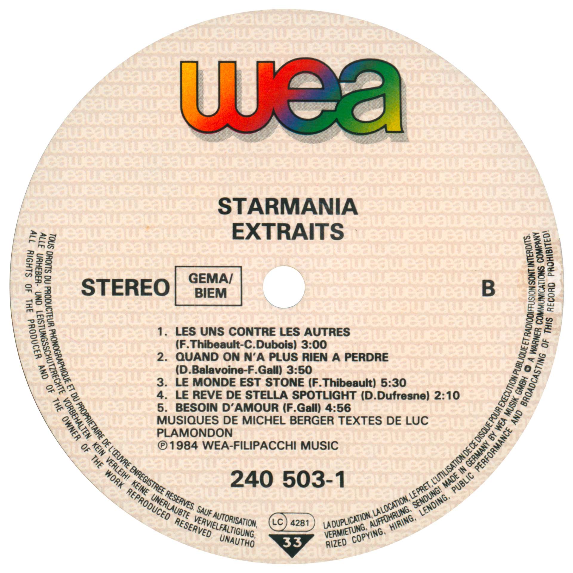 33 tours Starmania pochette rouge Allemagne WEA 240 503-1 1984