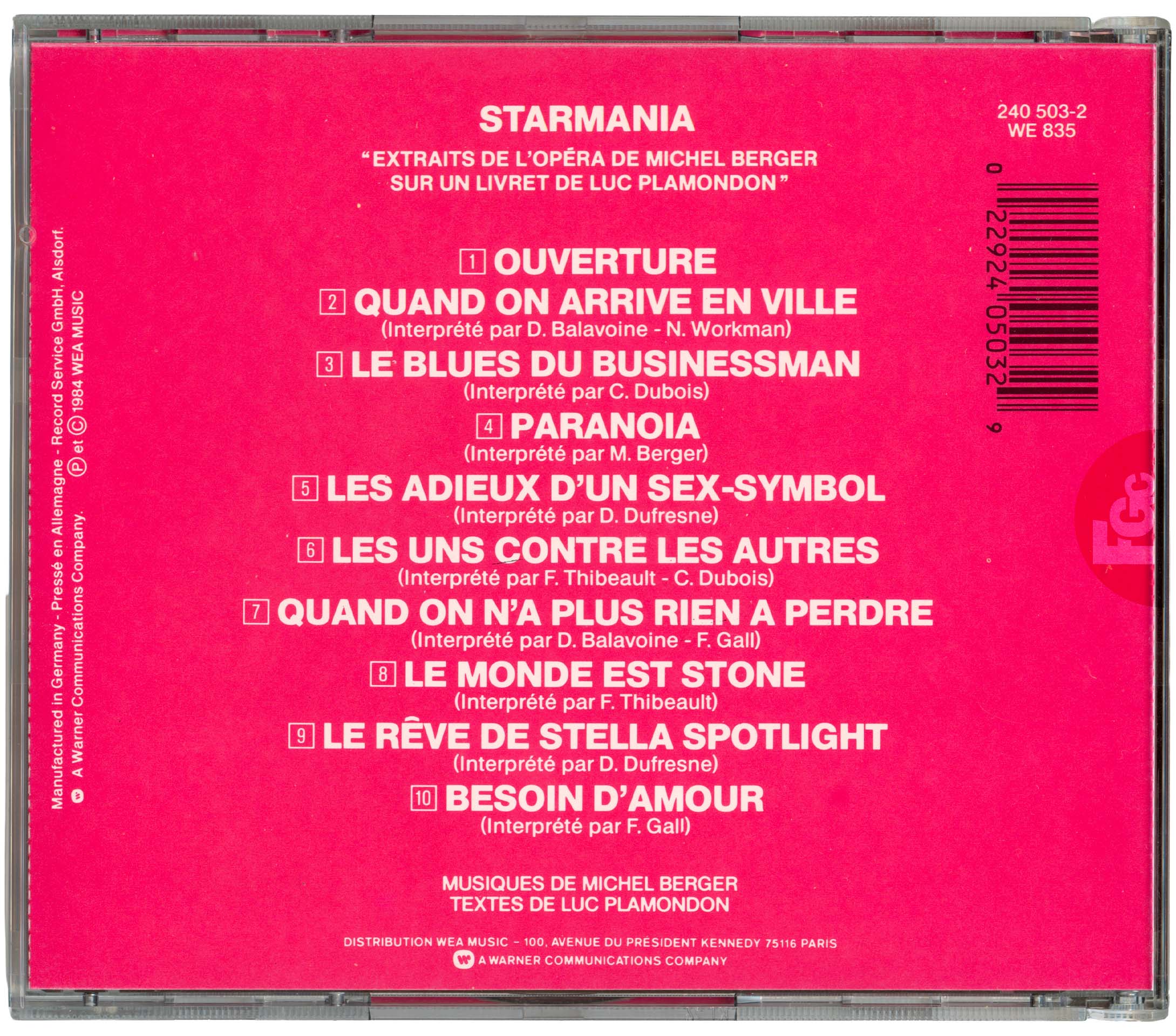CD Starmania pochette rouge France WEA 240 503-2 1984