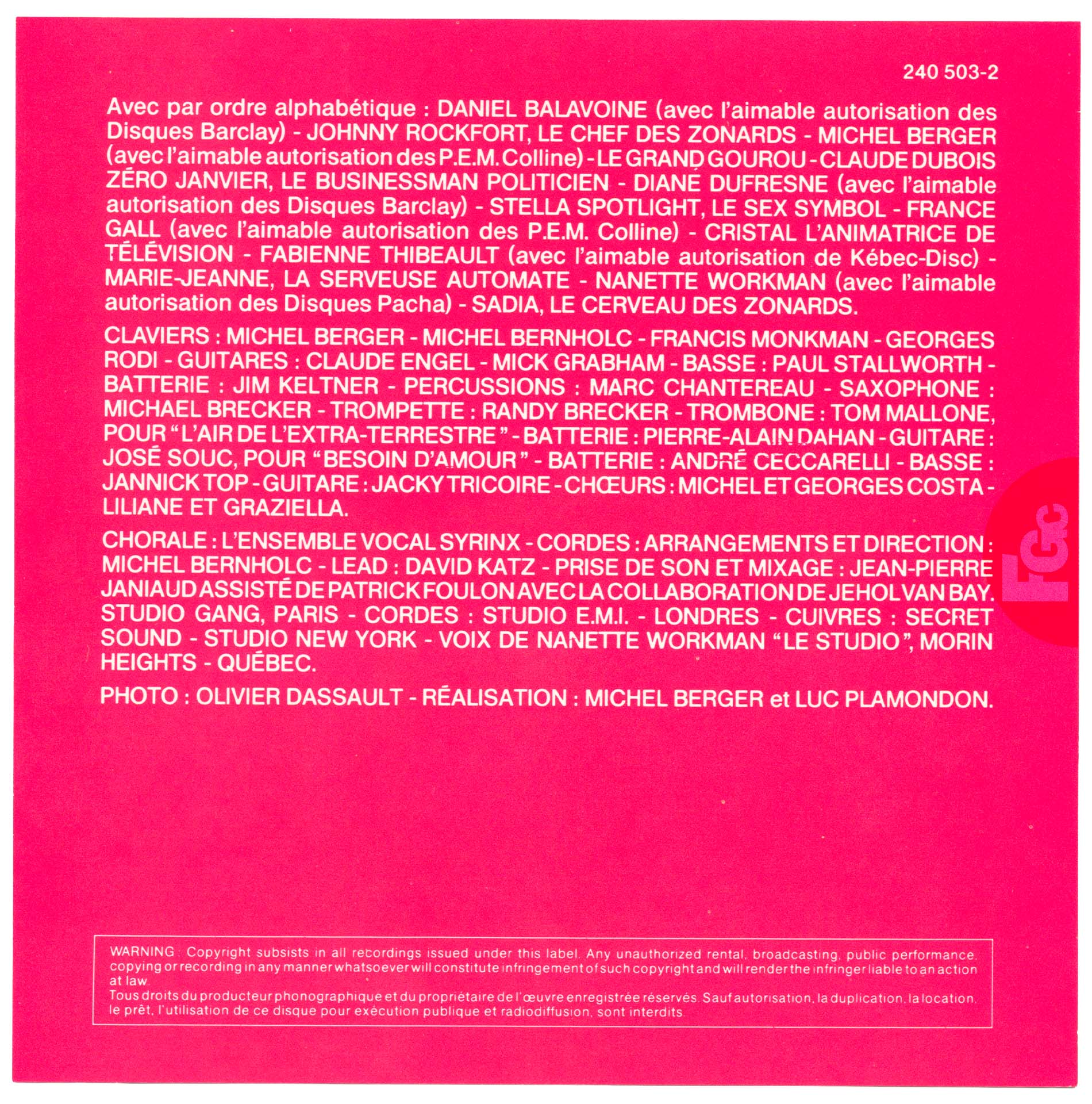 CD Starmania pochette rouge France WEA 240 503-2 1984