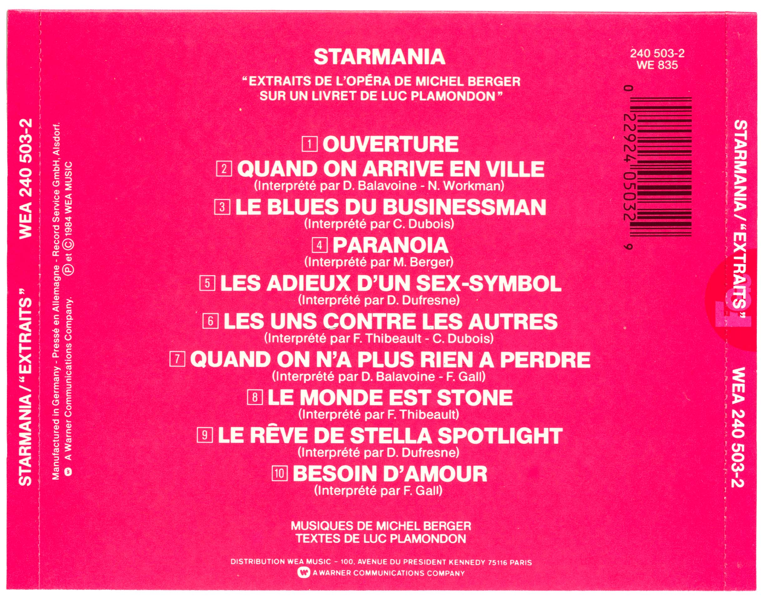 CD Starmania pochette rouge France WEA 240 503-2 1984