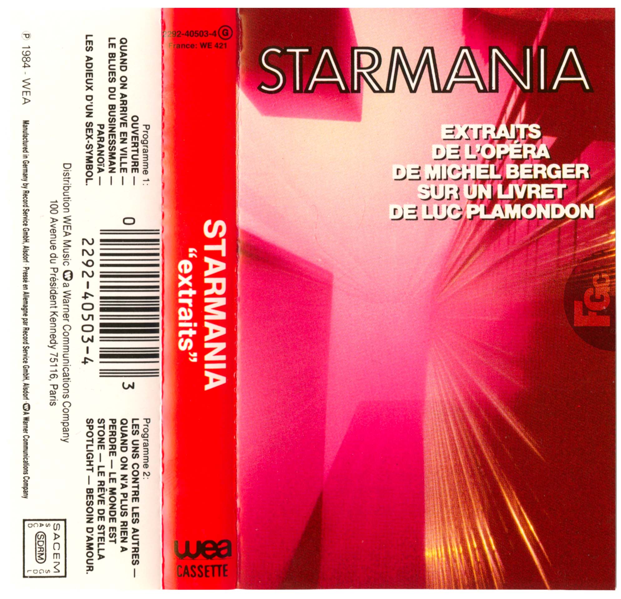 Cassette Starmania pochette rouge France WEA 2292-40503-4 1984