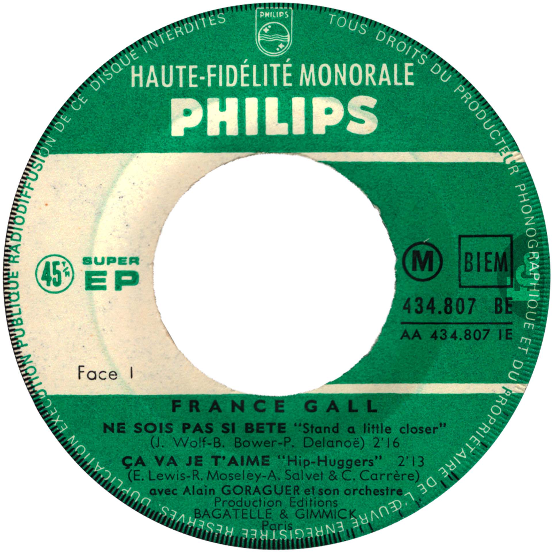 EP Ne sois pas si bête France Gall Philips 1963 languette