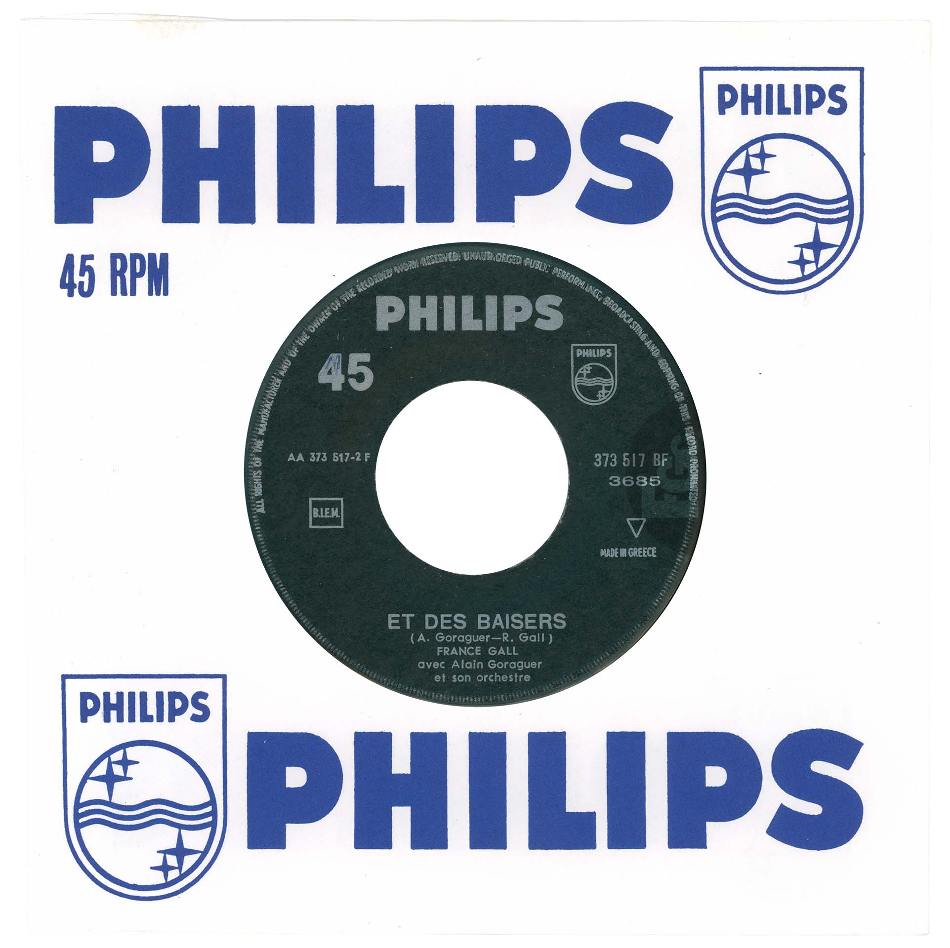 45 tours Attends ou va-t'en France Gall Philips 373 517 BF Grèce pochette générique