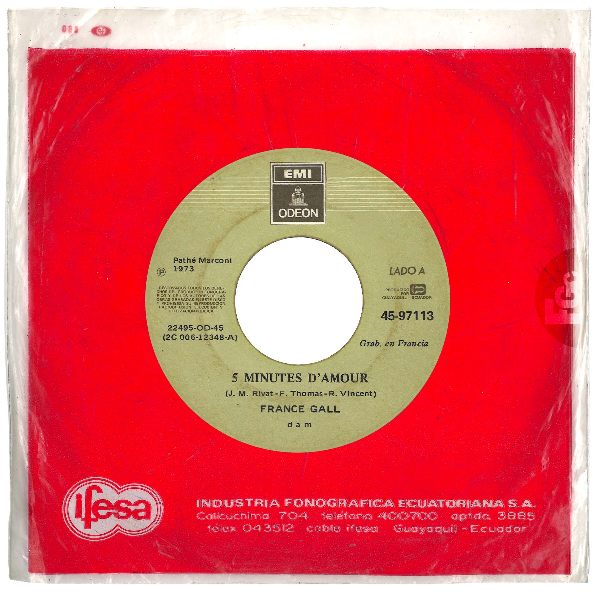 45 tours France Gall 5 minutes d'amour Par plaisir Équateur EMI 45-97113 IFESA