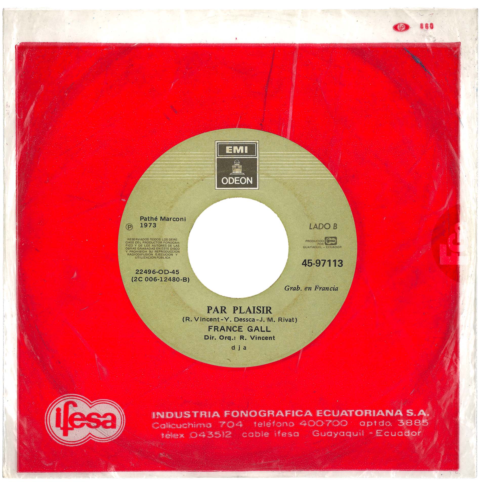 45 tours France Gall 5 minutes d'amour Par plaisir Équateur EMI 45-97113 IFESA
