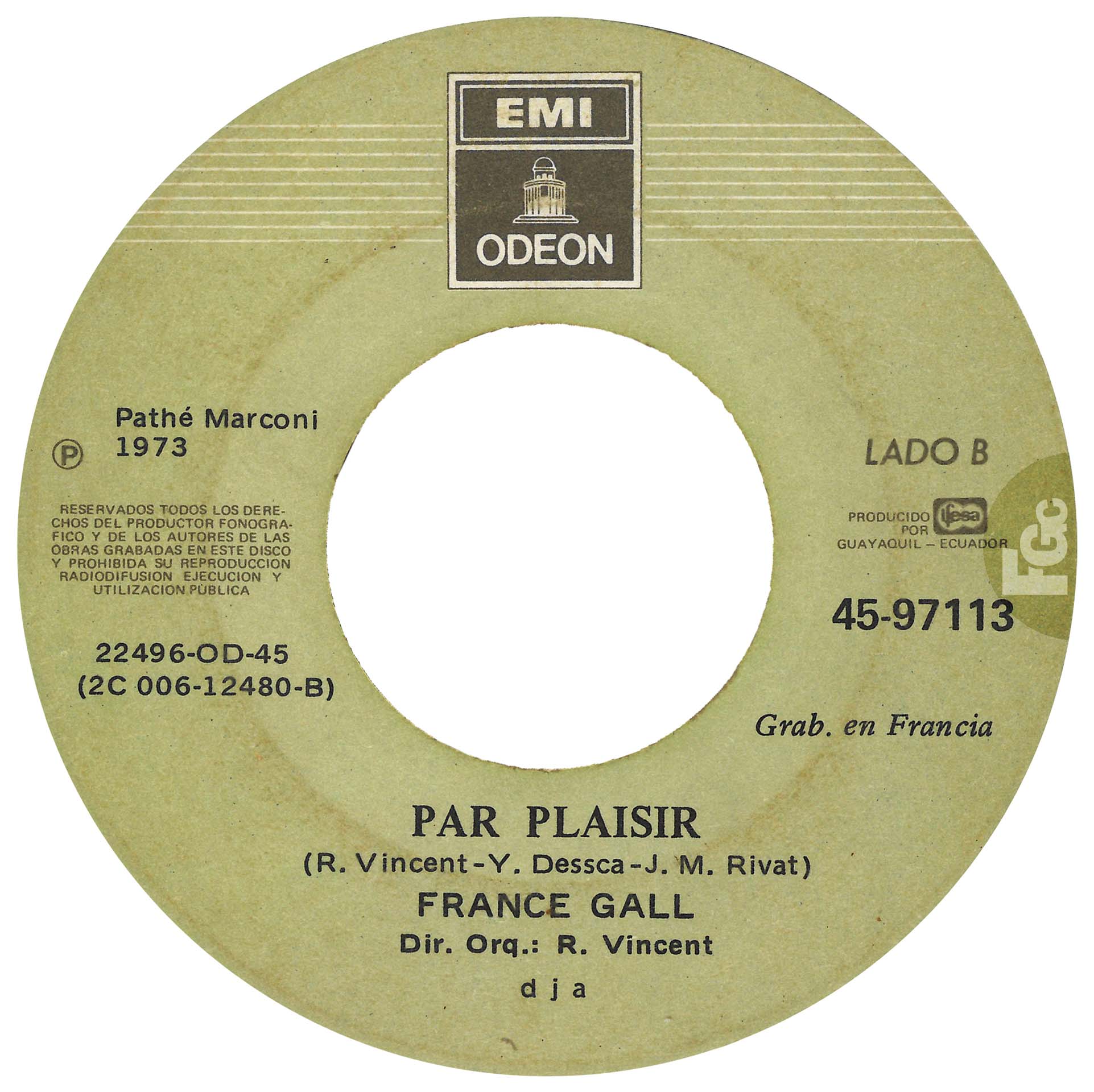45 tours France Gall 5 minutes d'amour Par plaisir Équateur EMI 45-97113 IFESA