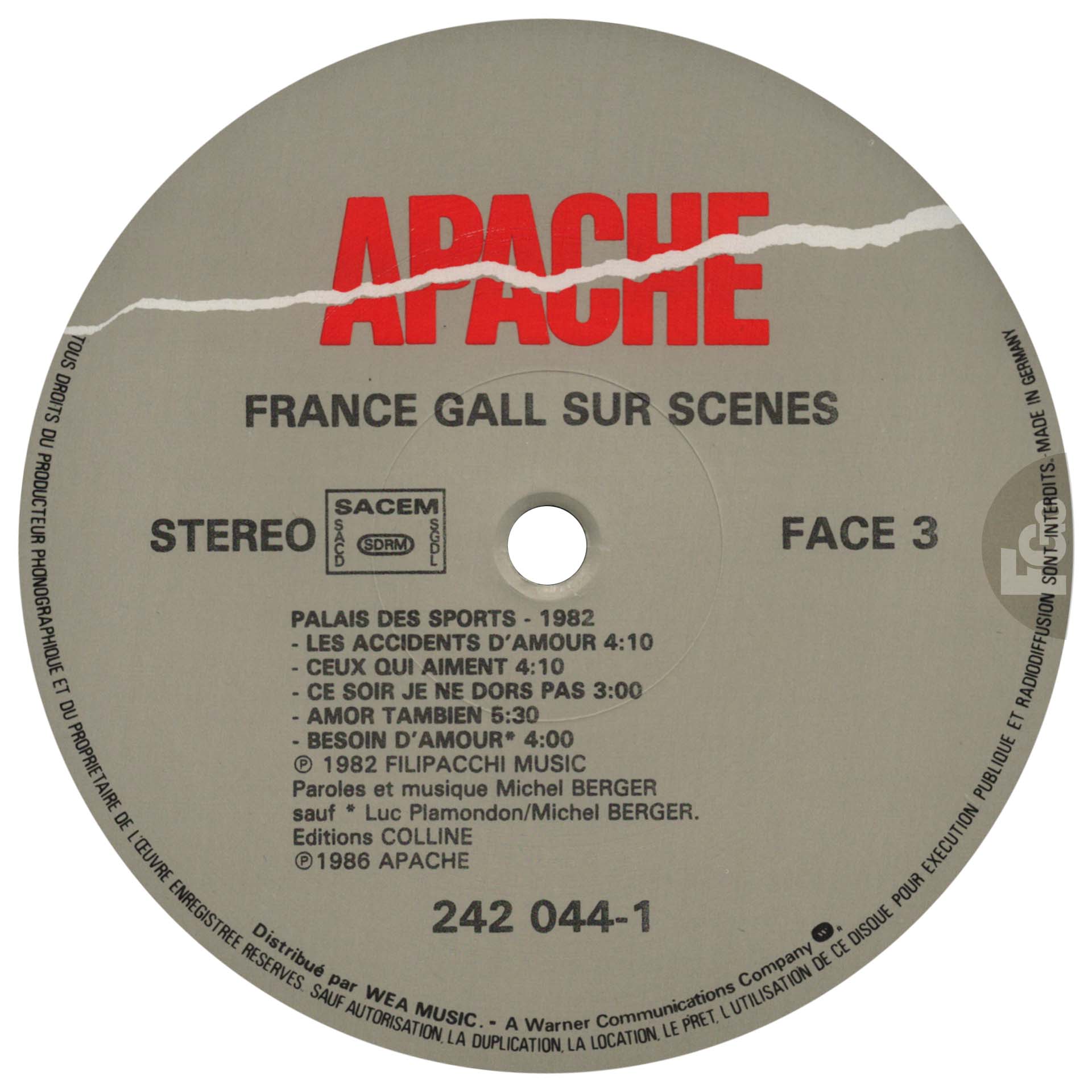 Triple vinyle France Gall sur scènes Apache 242 044 1 1986 compilation live