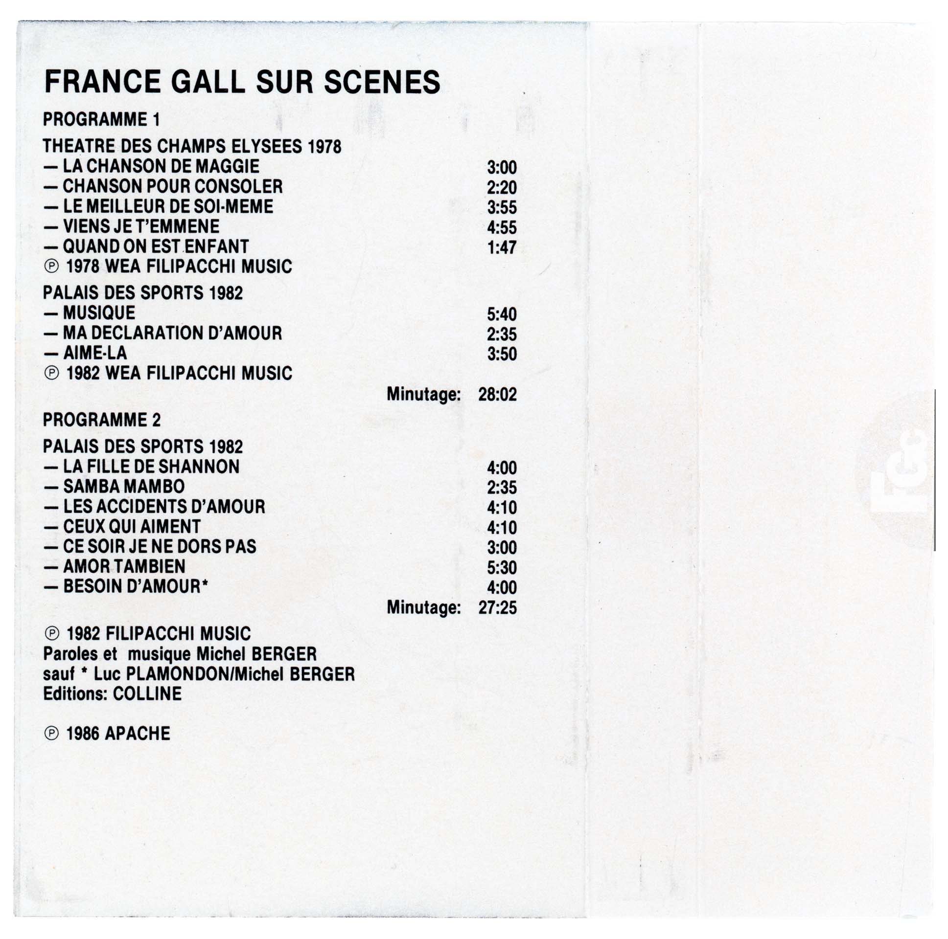 Double cassette France Gall sur scènes Apache 242 044 4 1986 compilation live