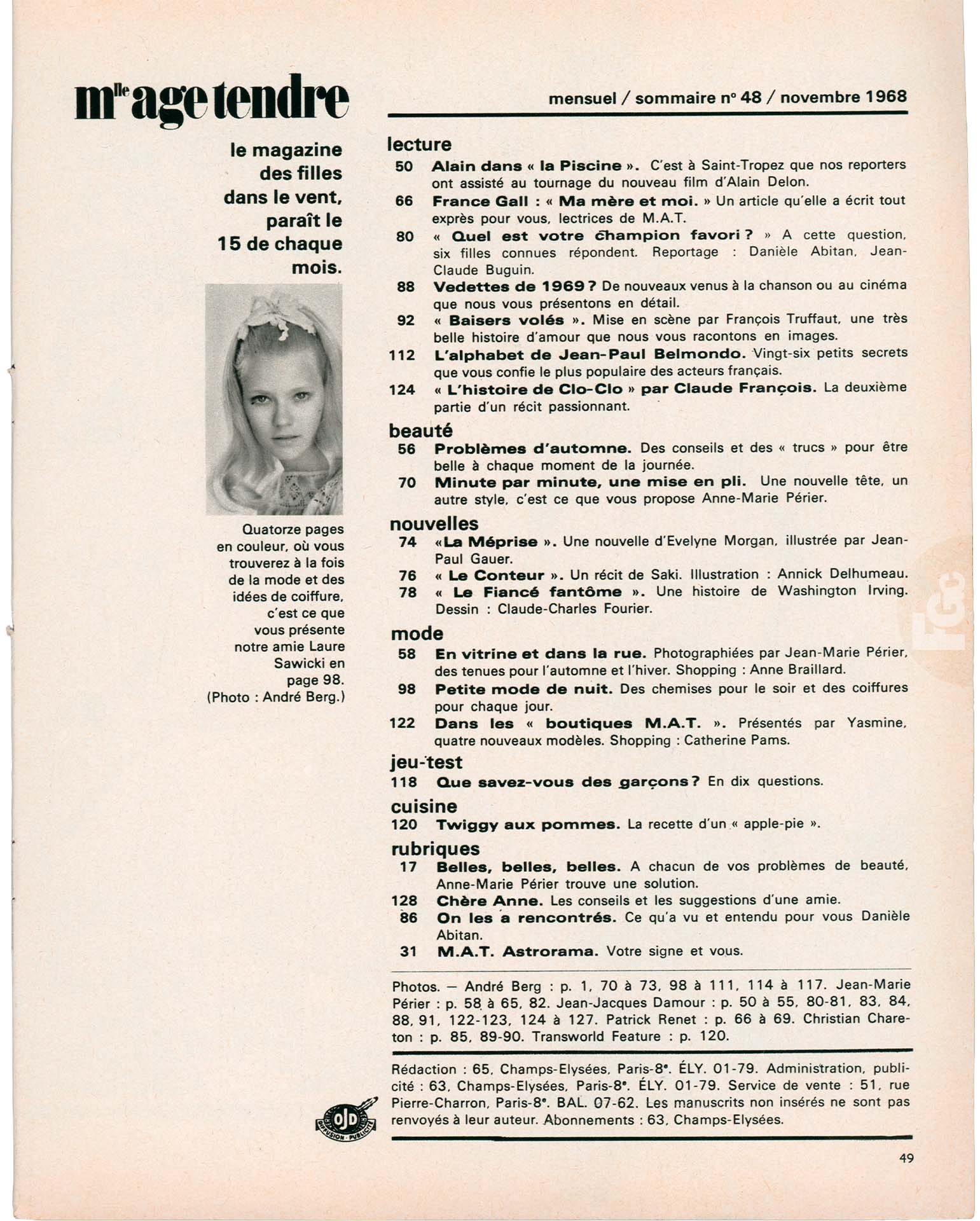 Article Mlle Âge tendre novembre 1968, France Gall ma mère et moi