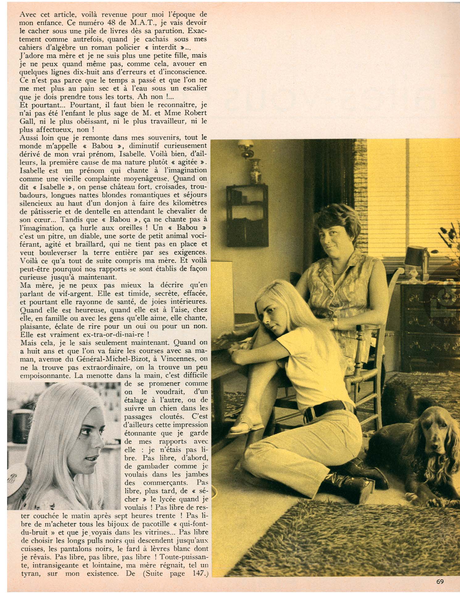 Article Mlle Âge tendre novembre 1968, France Gall ma mère et moi