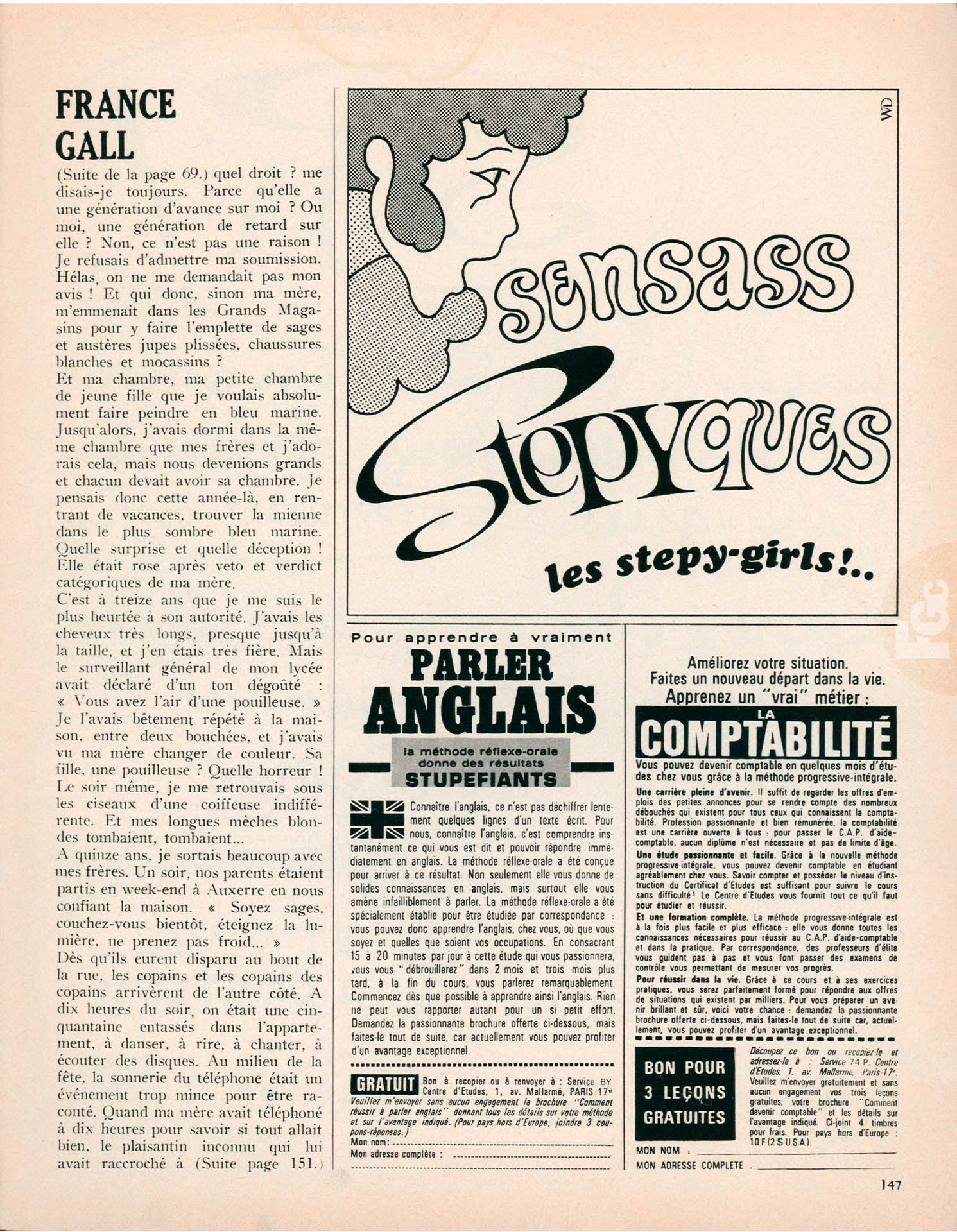 Article Mlle Âge tendre novembre 1968, France Gall ma mère et moi