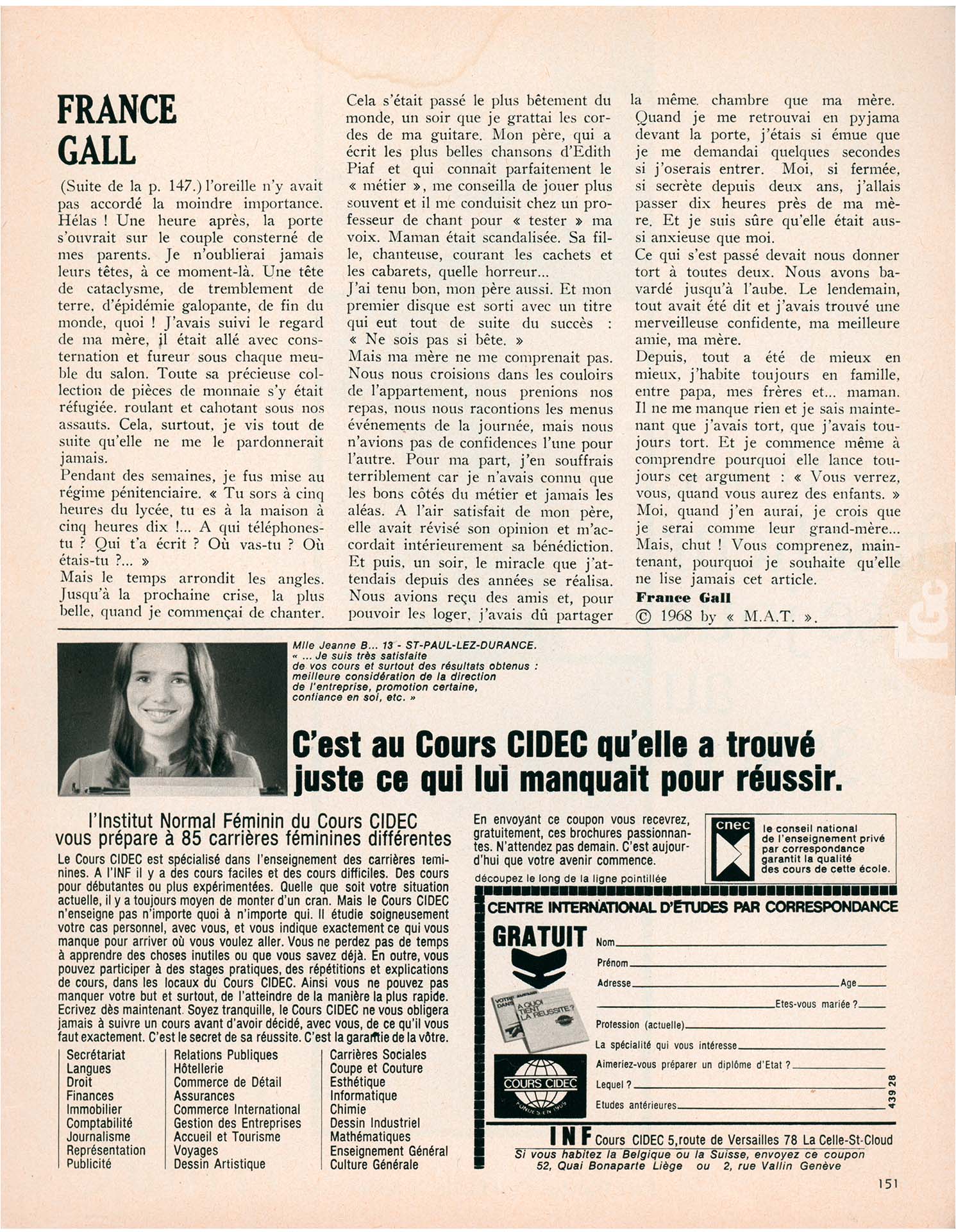 Article Mlle Âge tendre novembre 1968, France Gall ma mère et moi
