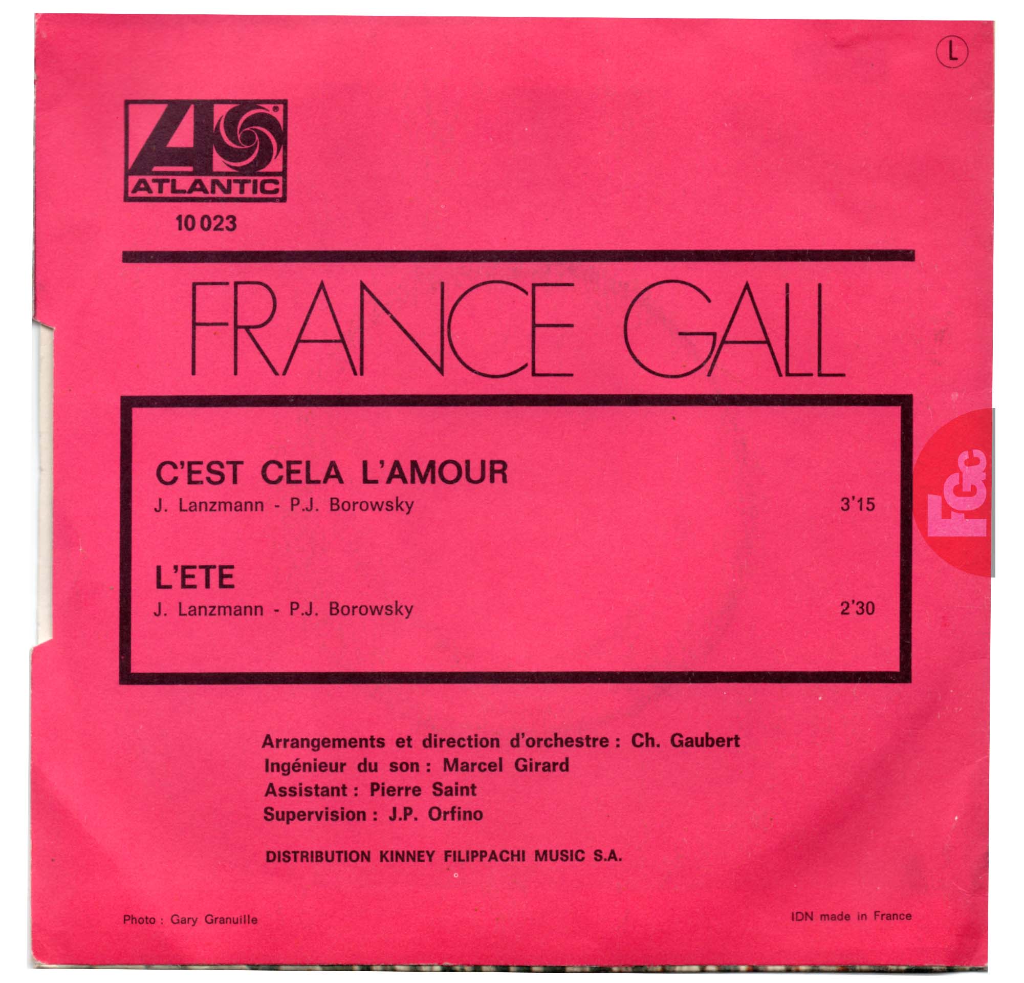 Test pressing C'est cela l'amour France Gall Atlantic 10023 rondelle manuscrite