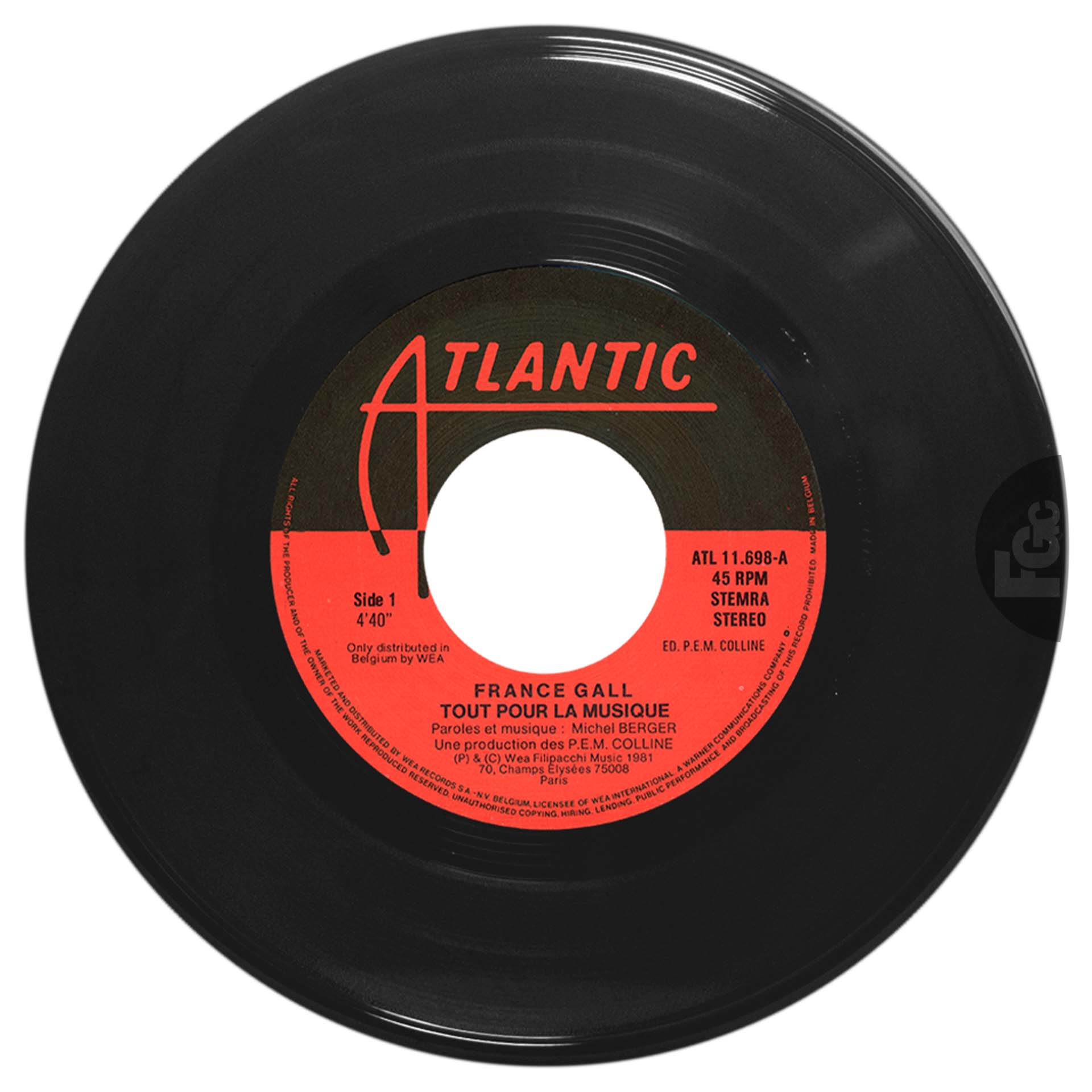 45 tours Tout pour la musique France Gall Atlantic 11.698 Belgique 1981