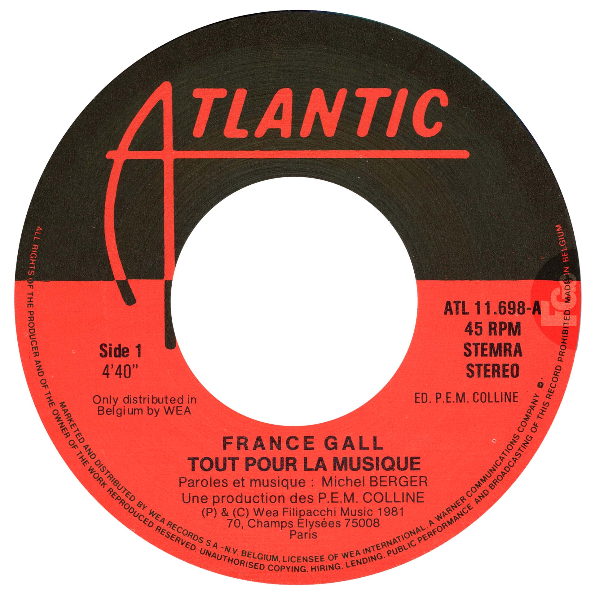 45 tours Tout pour la musique France Gall Atlantic 11.698 Belgique 1981
