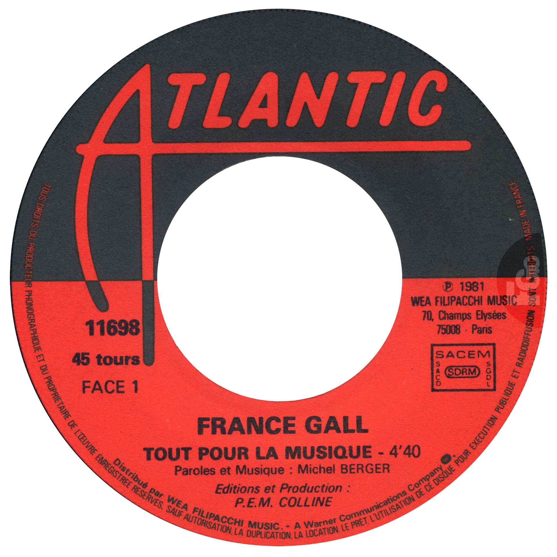 45 tours promo Tout pour la musique La fille de Shannon France Gall Atlantic 11698