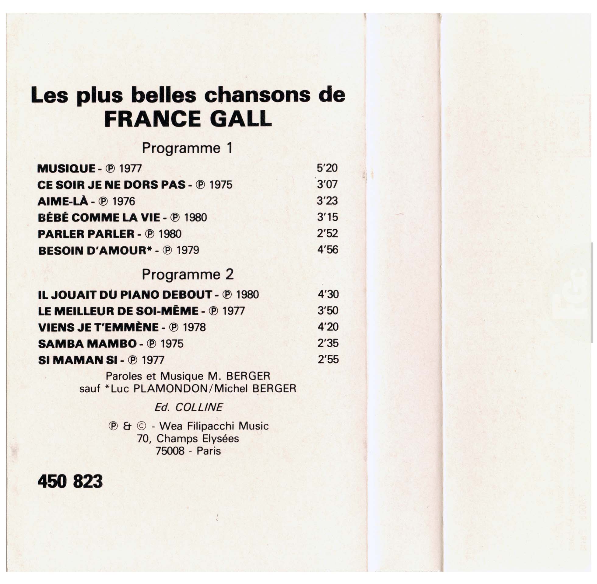Cassette Les plus belles chansons France Gall WEA 450823 1982 édition noire transparente