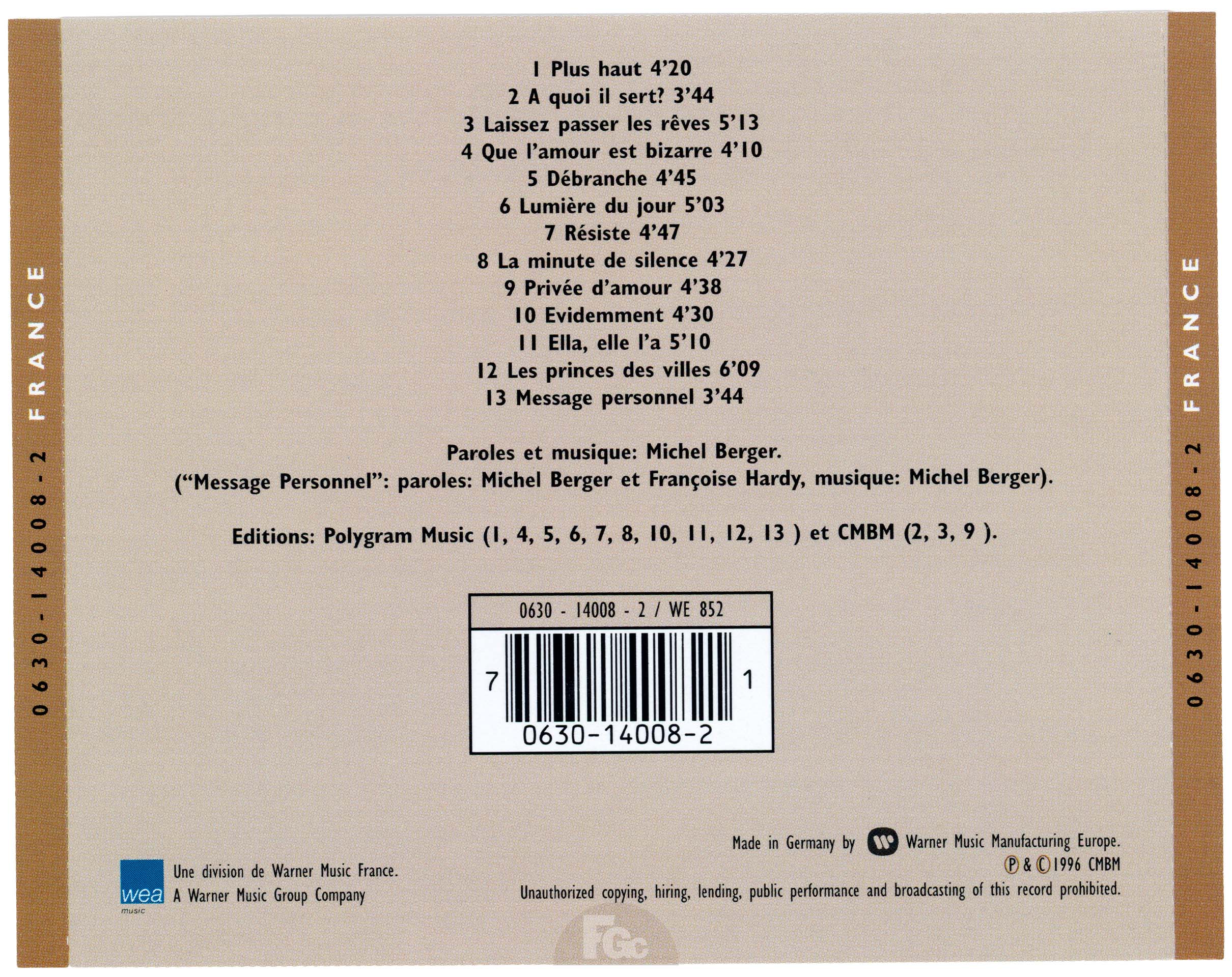 CD album France de France Gall Warner 0630 14008-2 1996 fourreau orange single inédit