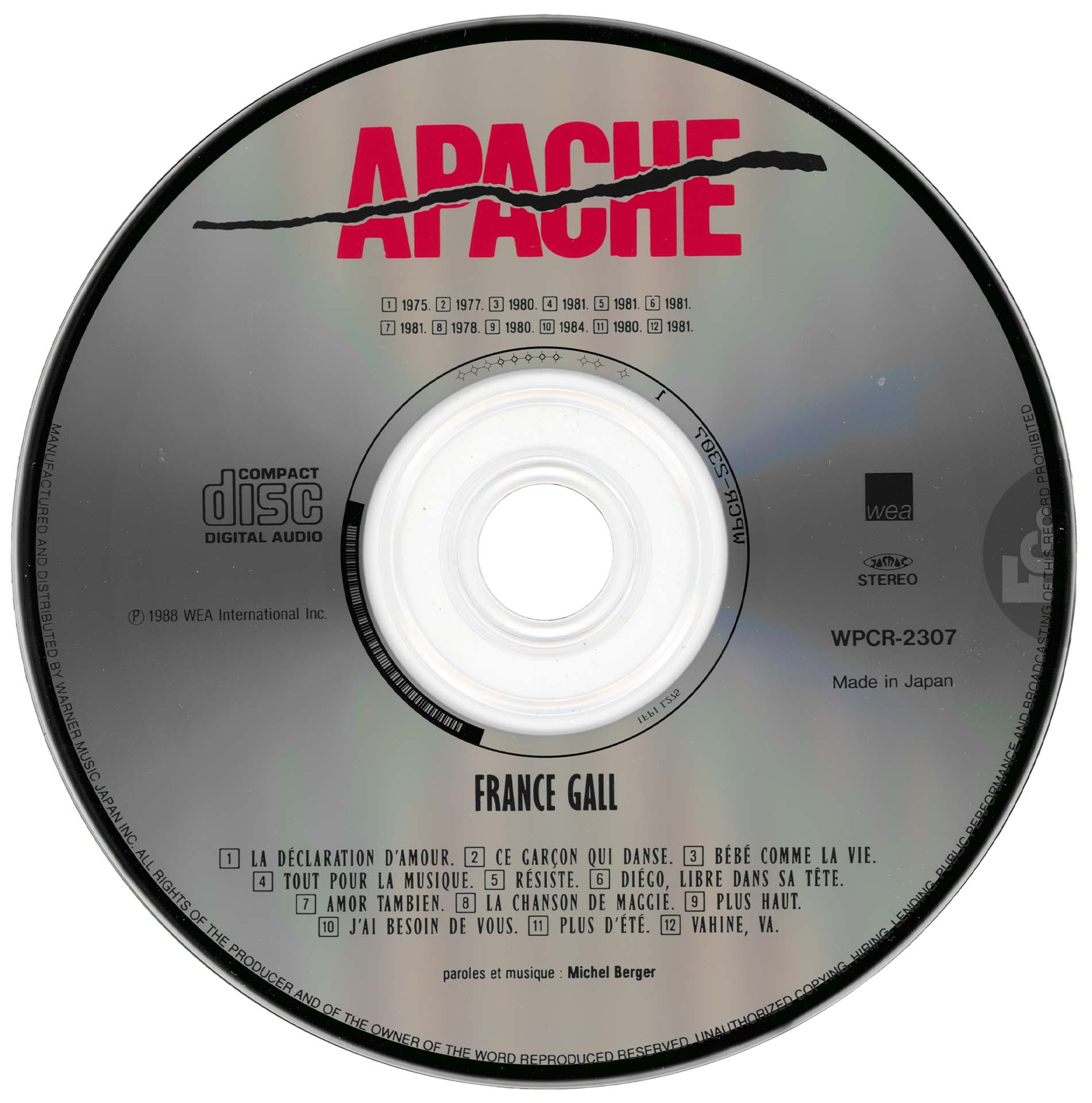 CD Passionnément France Gall WEA Apache WPCR 2307 Japon 1998 compilation