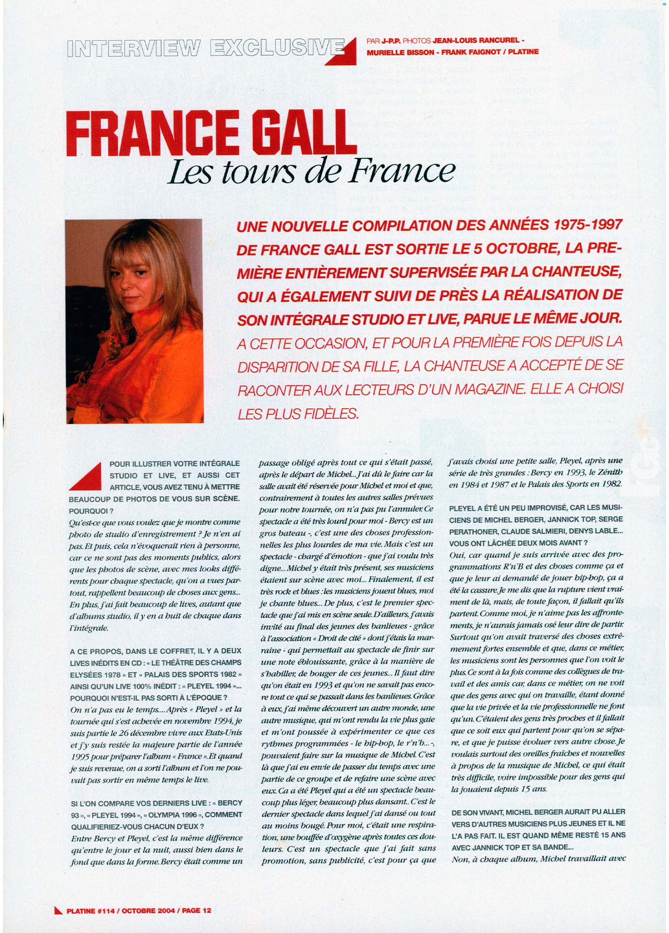 Interview France Gall Platine octobre 2004, Les tours de France