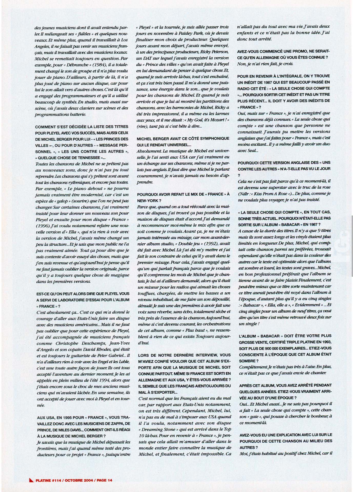 Interview France Gall Platine octobre 2004, Les tours de France