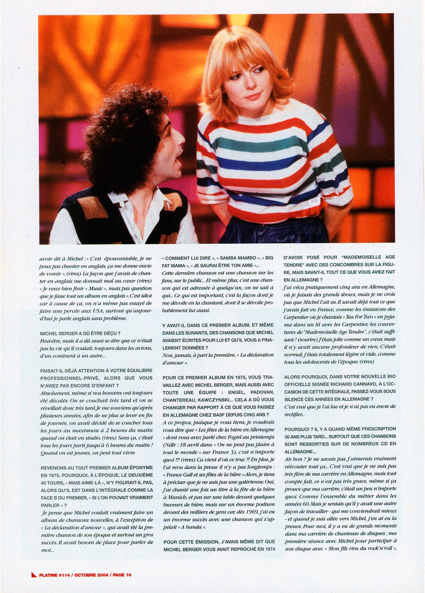 Interview France Gall Platine octobre 2004, Les tours de France