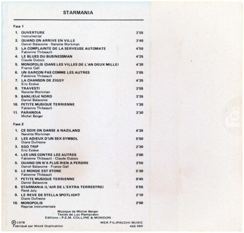 La cassette Starmania WEA 466 080 (fin 1978), coque et boîtier orange, première édition sans Besoin d'amour.