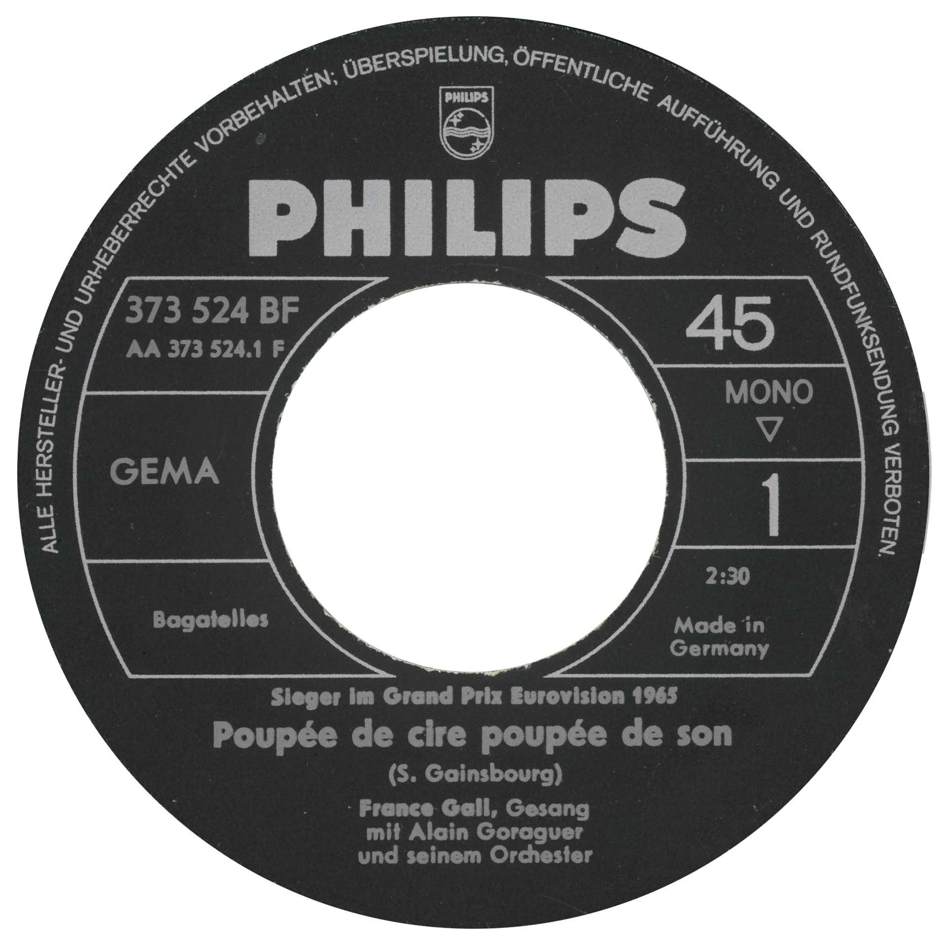Le 45 tours allemand de Poupée de cire poupée de son de France Gall, Philips 1965