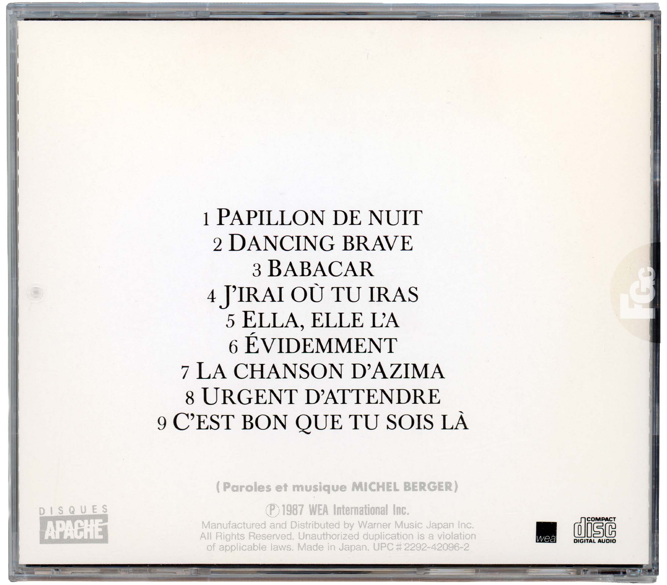 France Gall, album Babacar, CD japonais WEA Japan WPCR-2306, 1998