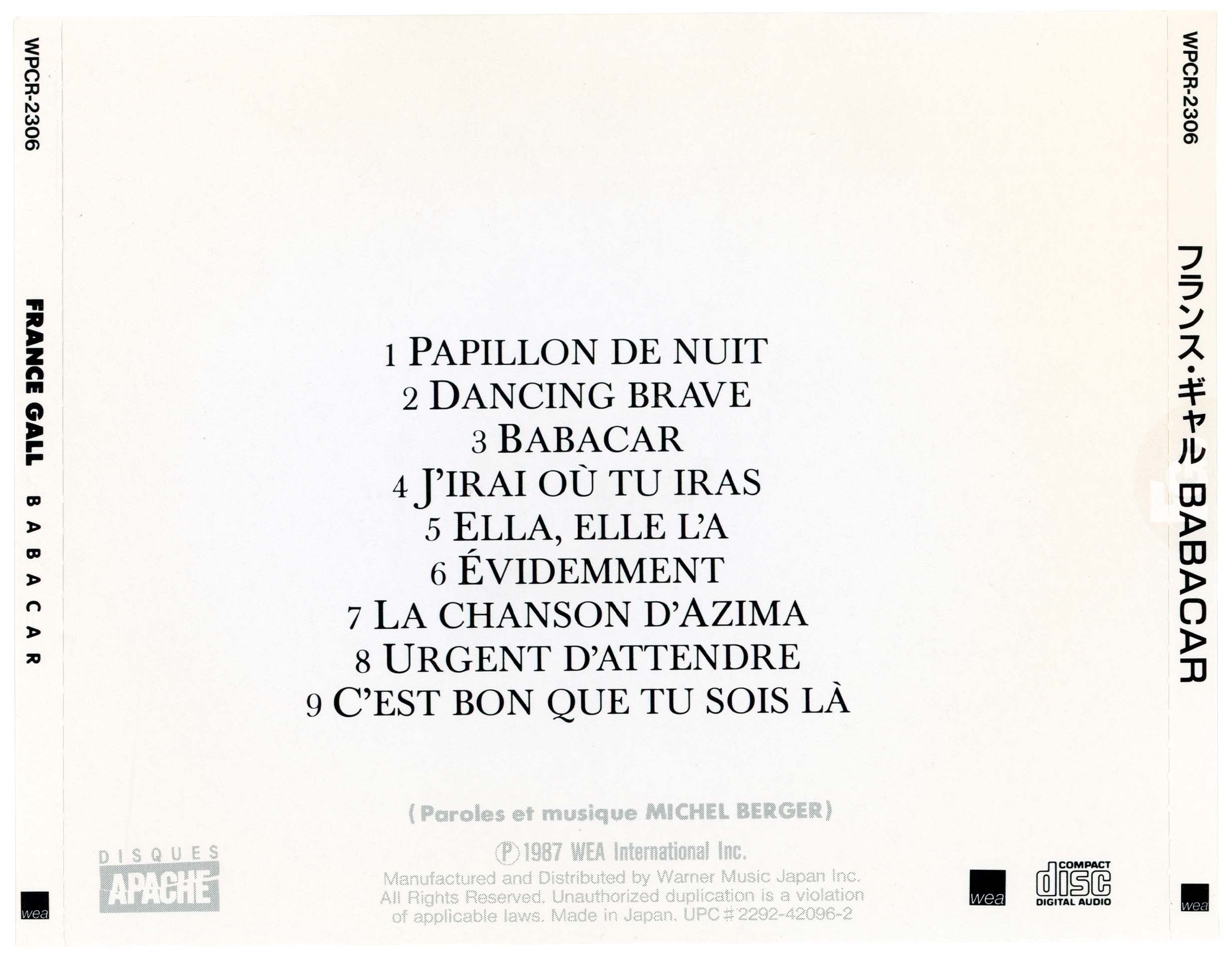 France Gall, album Babacar, CD japonais WEA Japan WPCR-2306, 1998